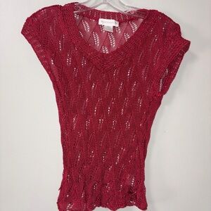 Worthington Red Knit Crochet Lace V Neck Blouse Vintage Y2K Stretch 100% Rayon S